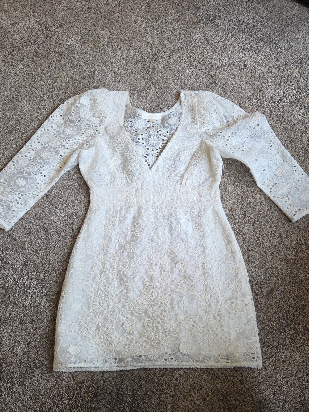 LoveShackFancy White Floral Lace V-Neck Mini Dress